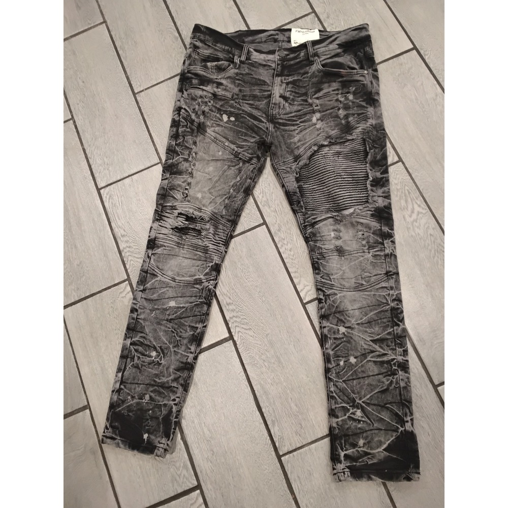 FWRD Denim New York Mens Fit 1 Slim Biker Moto Distressed Acid Wash Jeans 38x32